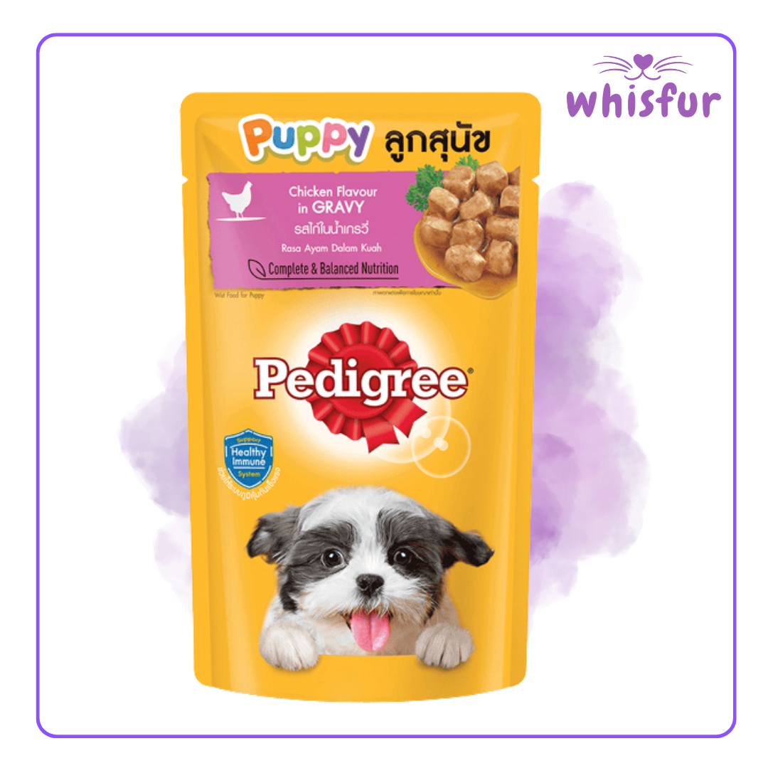 An Image of Pedigree Wet Food for Dogs in pouch (pouch)130g puppy chicken with the logo of Whisfur Pet Supplies at the upper right corner.