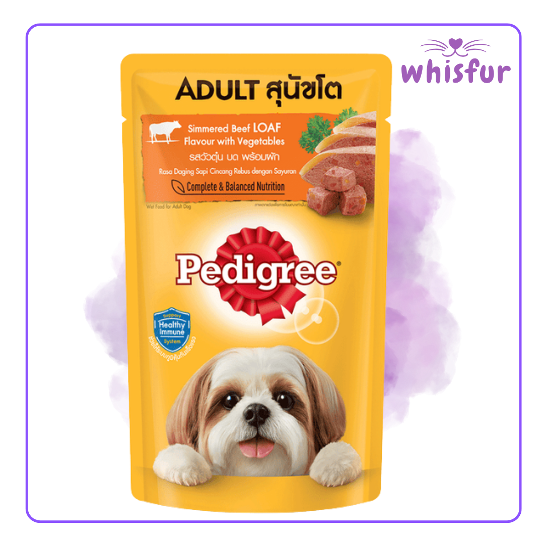 An Image of Pedigree Wet Food for Dogs in pouch (pouch)130g simmered beef loaf with the logo of Whisfur Pet Supplies at the upper right corner.