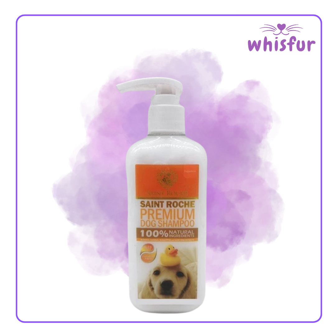 Saint Roche Premium Dog Shampoo bottle with purple foam background and Whisfur logo.