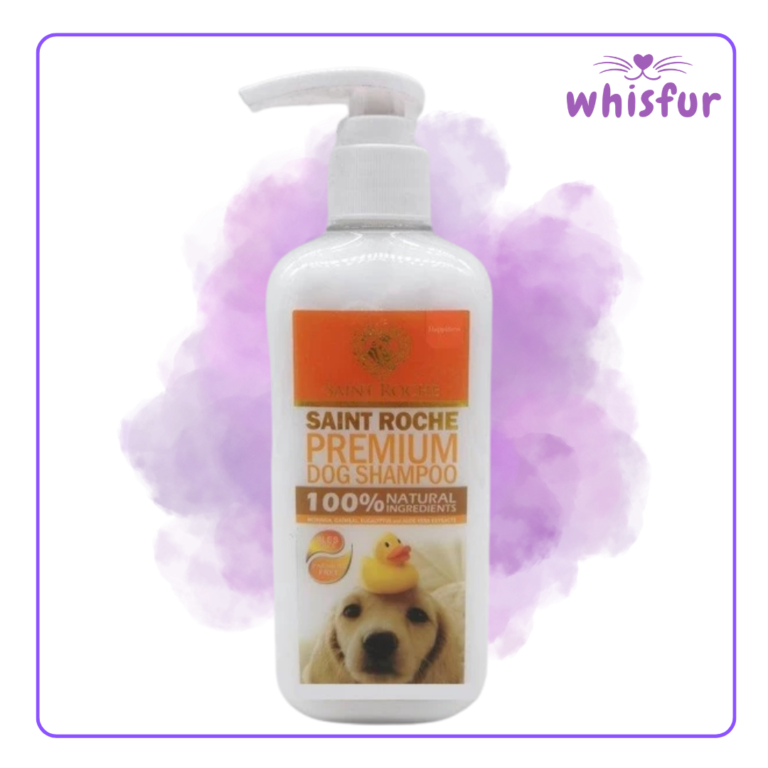 Saint Roche Premium Dog Shampoo bottle with a purple cloud background and 'Whisfur' branding.