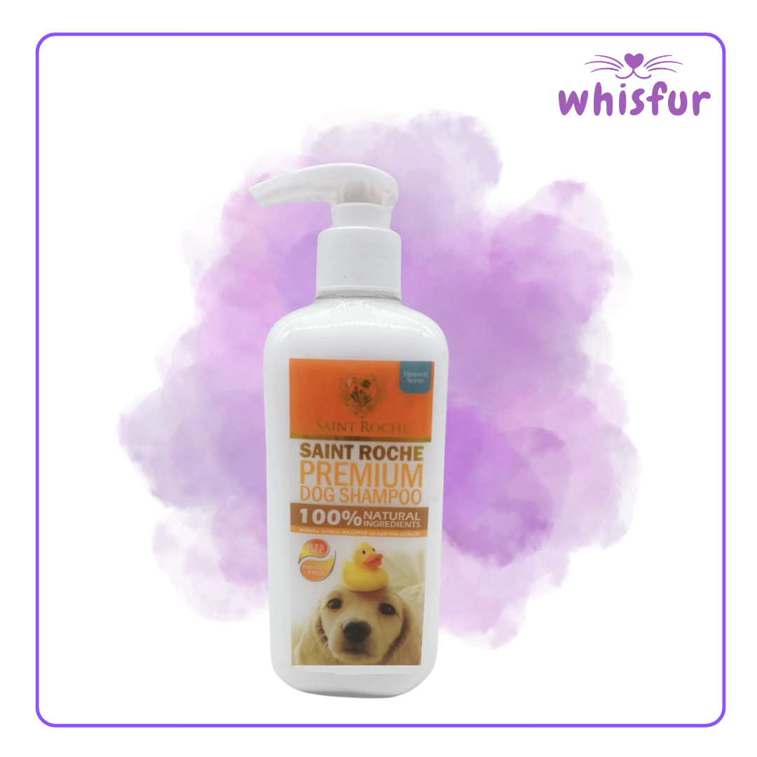 Saint Roche Premium Dog Shampoo bottle with a purple cloud background and 'Whisfur' branding.
