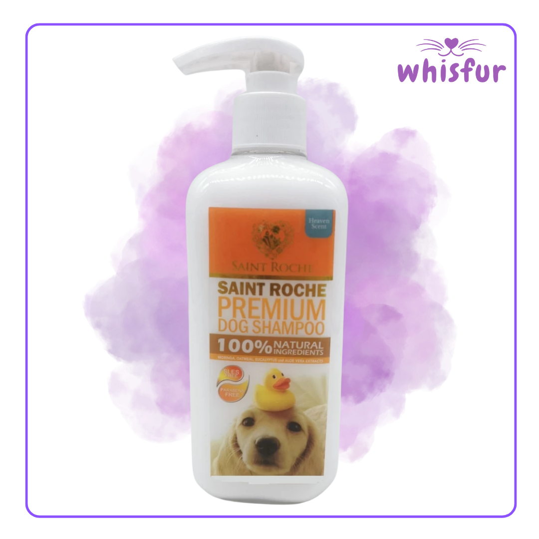 Saint Roche Premium Dog Shampoo bottle with a purple cloud background, branded 'whisfur'.