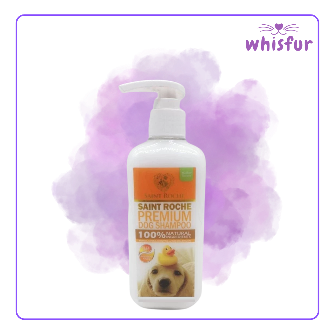 Saint Roche Premium Dog Shampoo bottle with a purple cloud background and 'Whisfur' branding.