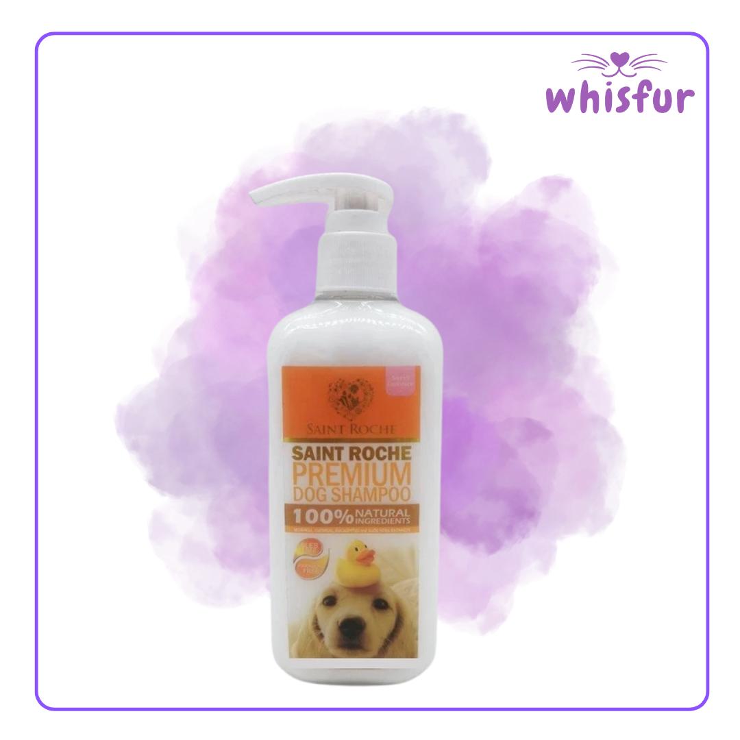 Saint Roche Premium Dog Shampoo bottle with a purple cloud background and 'Whisfur' branding.