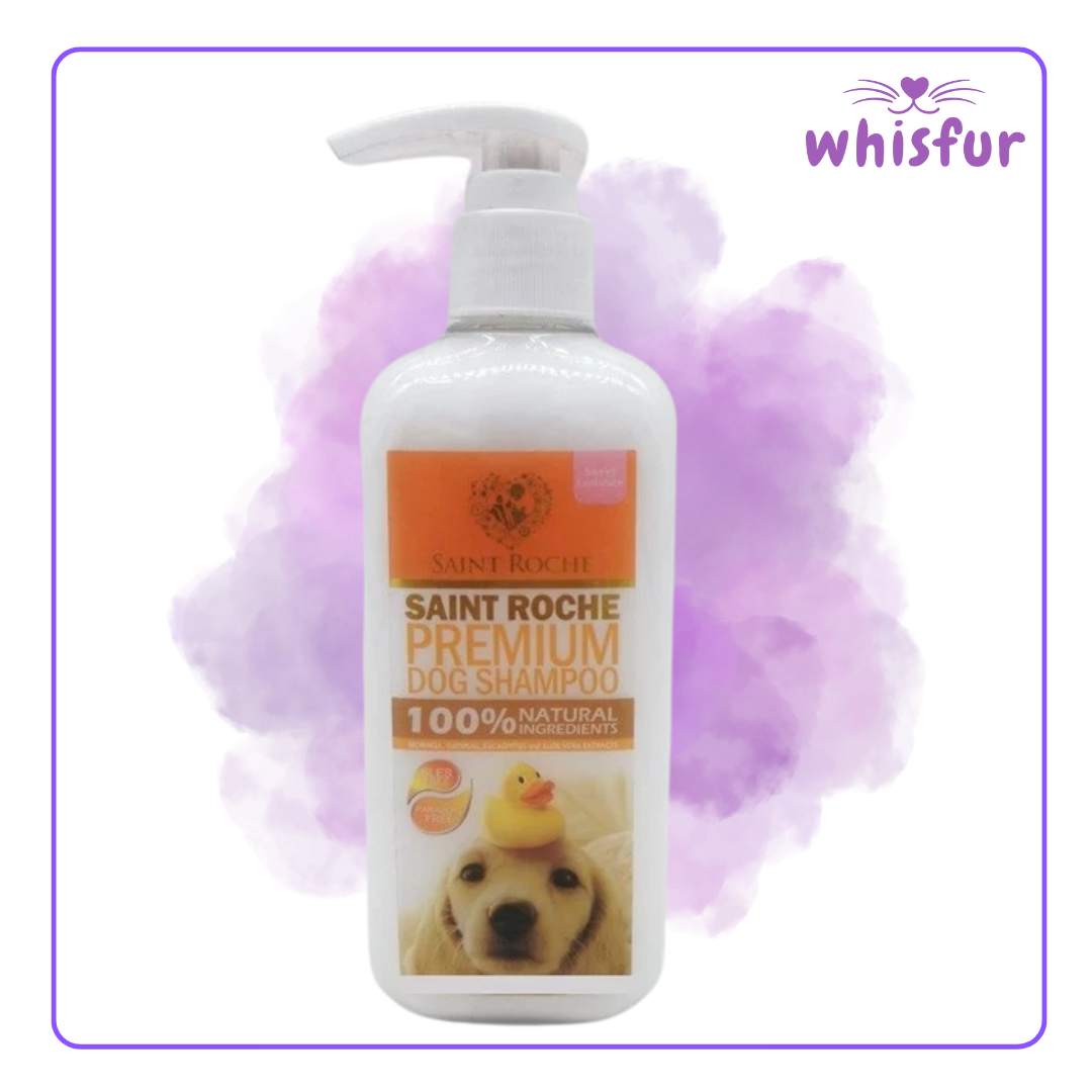 An Image of Saint Roche Premium Dog Shampoo 1 Bottle 628Ml Sweet Embrace with the logo of Whisfur Pet Supplies at the upper right corner.