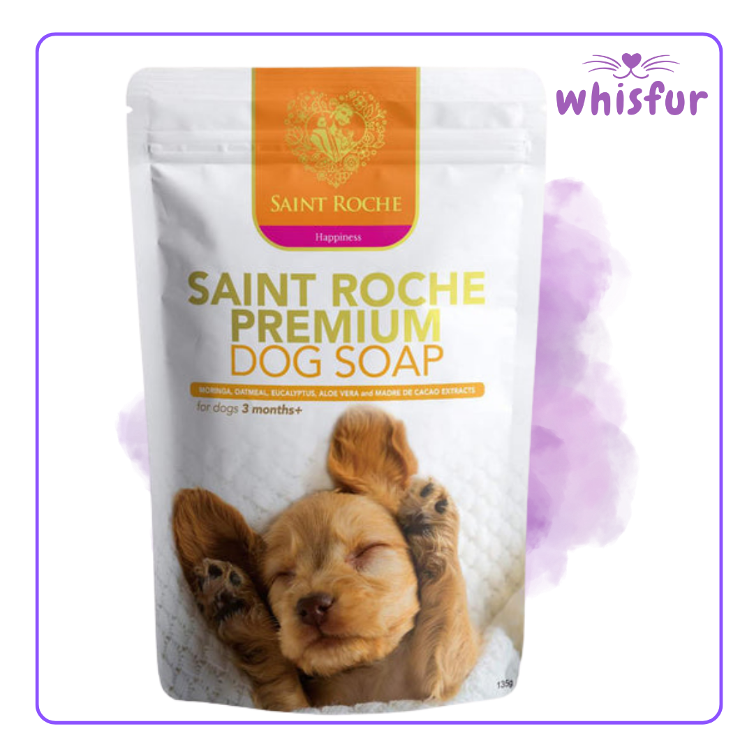 An Image of Saint Roche Premium Dog Soap 1 Pouch 135G Happiness with the logo of Whisfur Pet Supplies at the upper right corner.