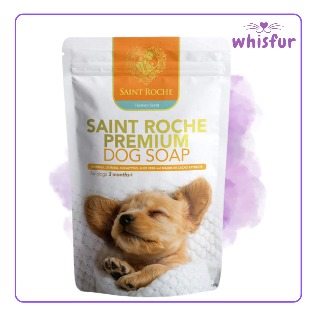 An Image of Saint Roche Premium Dog Soap 1 Pouch 135G Heaven Scent with the logo of Whisfur Pet Supplies at the upper right corner.