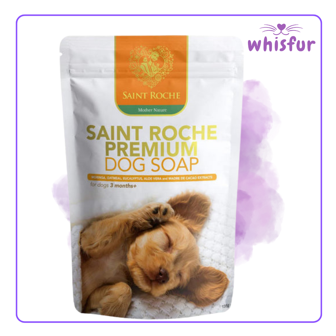An Image of Saint Roche Premium Dog Soap 1 Pouch 135G Mother Nature with the logo of Whisfur Pet Supplies at the upper right corner.