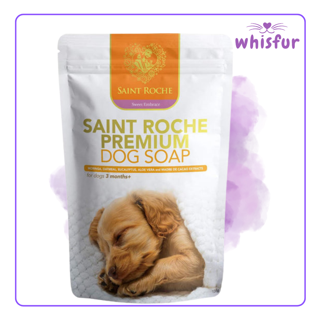 An Image of Saint Roche Premium Dog Soap 1 Pouch 135G Sweet Embrace with the logo of Whisfur Pet Supplies at the upper right corner.