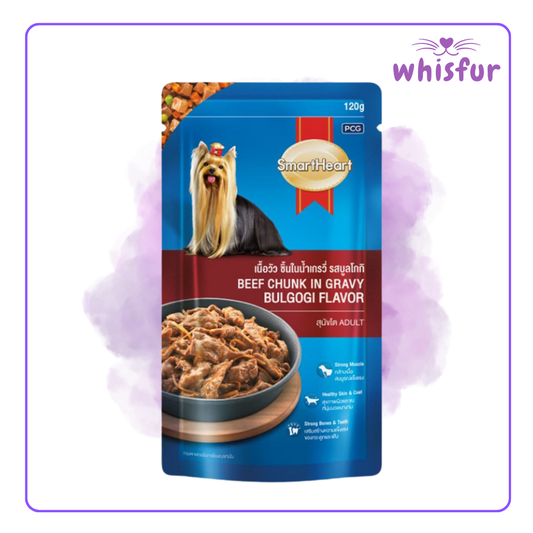 An Image of Smartheart Wet Food for Dogs (pouch)120g beef chunk bulgogi with the logo of Whisfur Pet Supplies at the upper right corner.