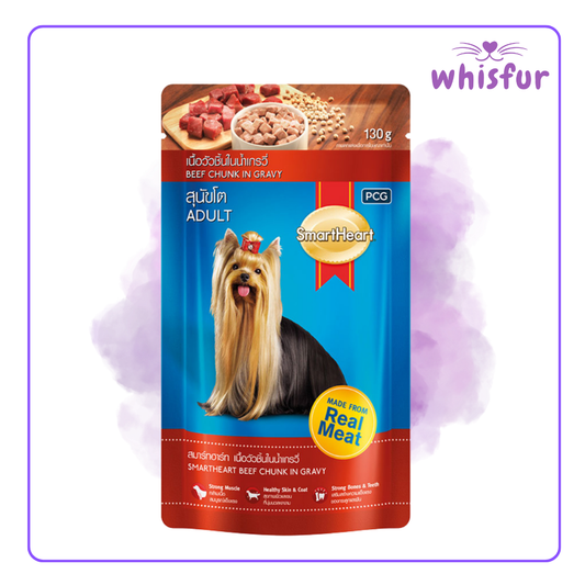 An Image of Smartheart Wet Food for Dogs (pouch)120g beef in gravy with the logo of Whisfur Pet Supplies at the upper right corner.