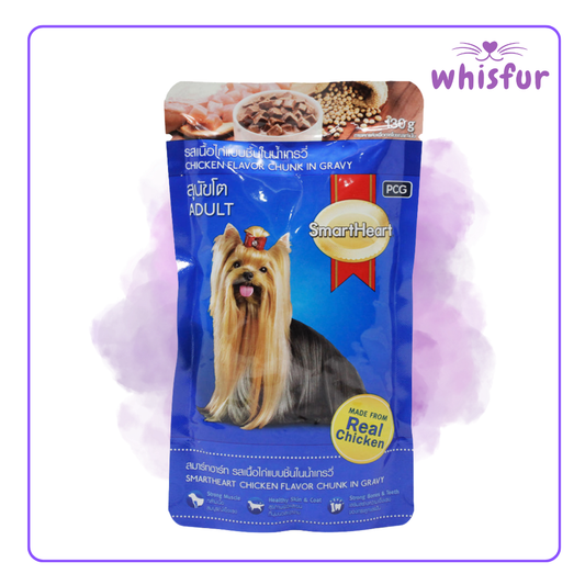 SmartHeart wet dog food package with a dog on the label and 'Whisfur' branding.