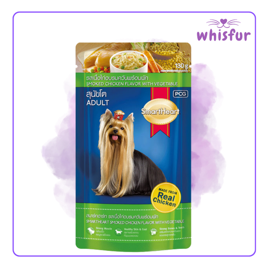 Smartheart Dog wet food package with a dog on the label against a light purple background, branded 'whisfur'.