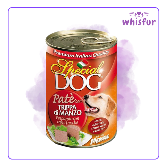 Can of Special Dog pate with tripe on a white background, featuring the brand 'Whisfur'.