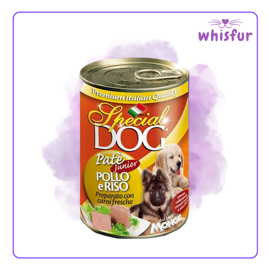Can of Special Dog Junior Pate with Pollo e Riso on a purple background, branded 'whisfur'.