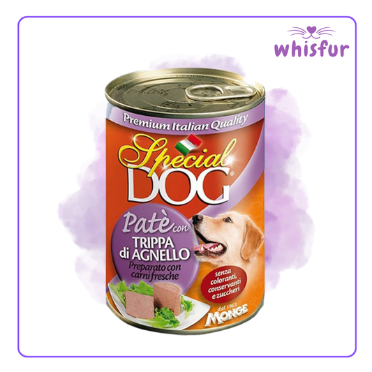 Can of Special Dog pet food with a purple border and 'Whisfur' logo.