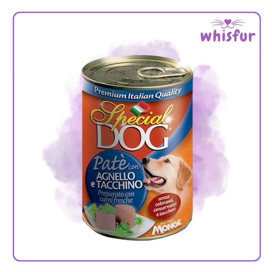 Can of Special Dog pate with lamb and turkey on a white background, branded 'whisfur'.