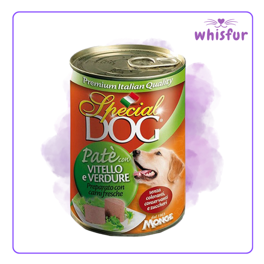 Can of Special Dog pet food with a purple heart and 'Whisfur' logo in the corner.