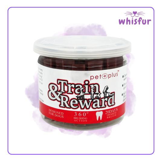 An Image of Train And Reward Dental Stix For Dogs 1 Tub 180G Beef with the logo of Whisfur Pet Supplies at the upper right corner.