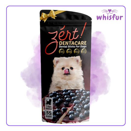Zért! Dentacare Dental Sticks for Dogs packaging with a dog and blueberries on a purple background, branded 'whisfur'.