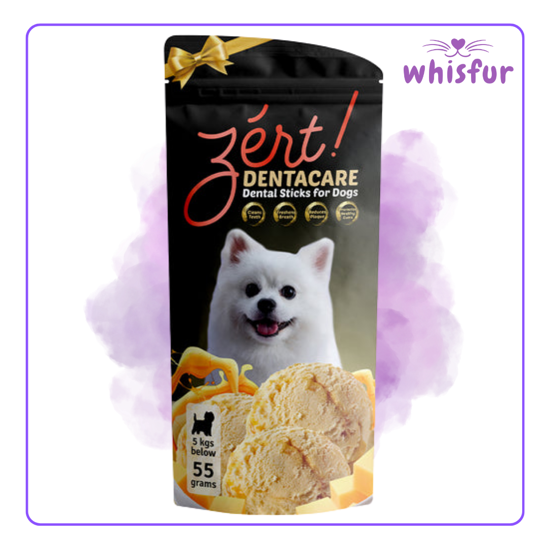 Zert Dentacare dental sticks for dogs packaging with a dog on a purple background, branded 'whisfur'.