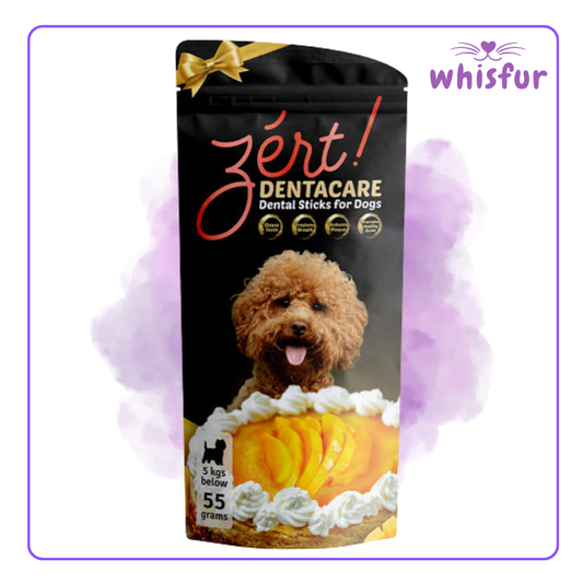 Zert Dentacare dental sticks for dogs packaging with a dog on a cake, branded 'Whisfur'.