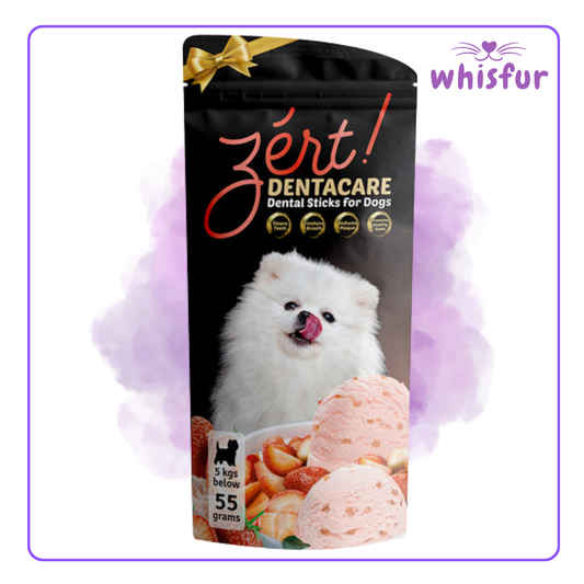 Zert Dentacare dental sticks for dogs packaging with a white dog on a purple background, branded 'whisfur'.