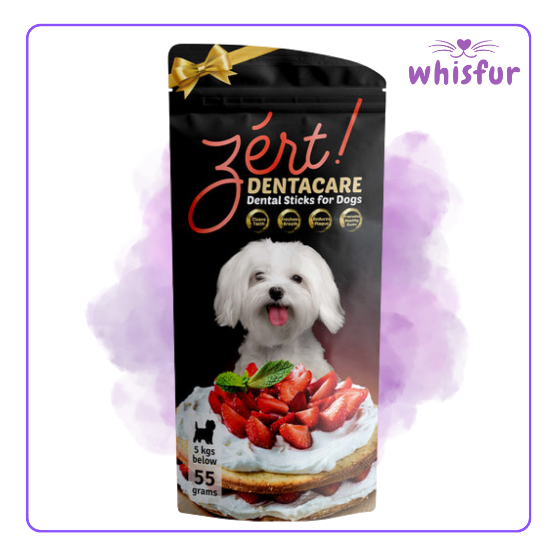 Zért! Dentacare Dental Sticks for Dogs packaging with a dog on a cake illustration and 'Whisfur' branding.