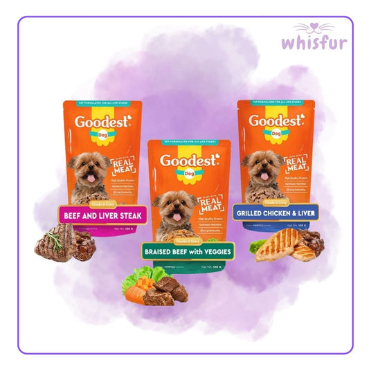 Goodest dog food packages on a purple background with 'whisfur' branding.