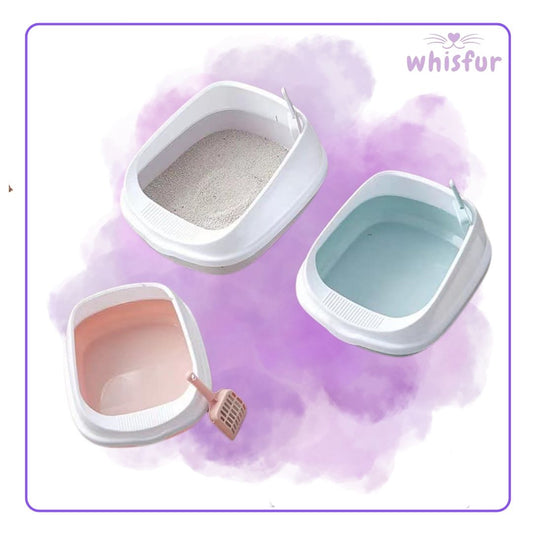 Cat litter box set with sand and water on a purple watercolor background, branded 'whisfur'.