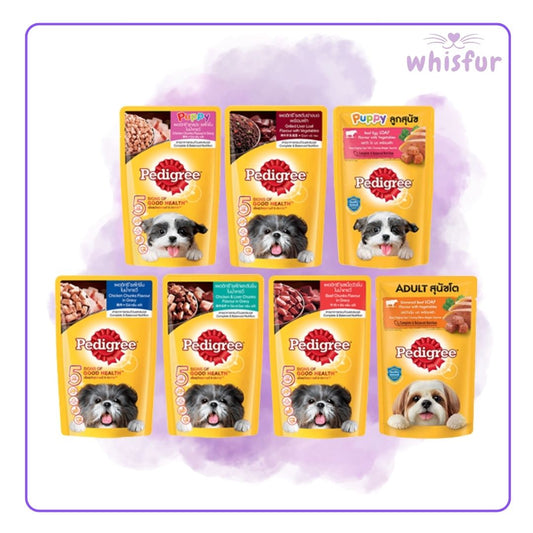 Pedigree dog food packages on a purple background with 'whisfur' branding.