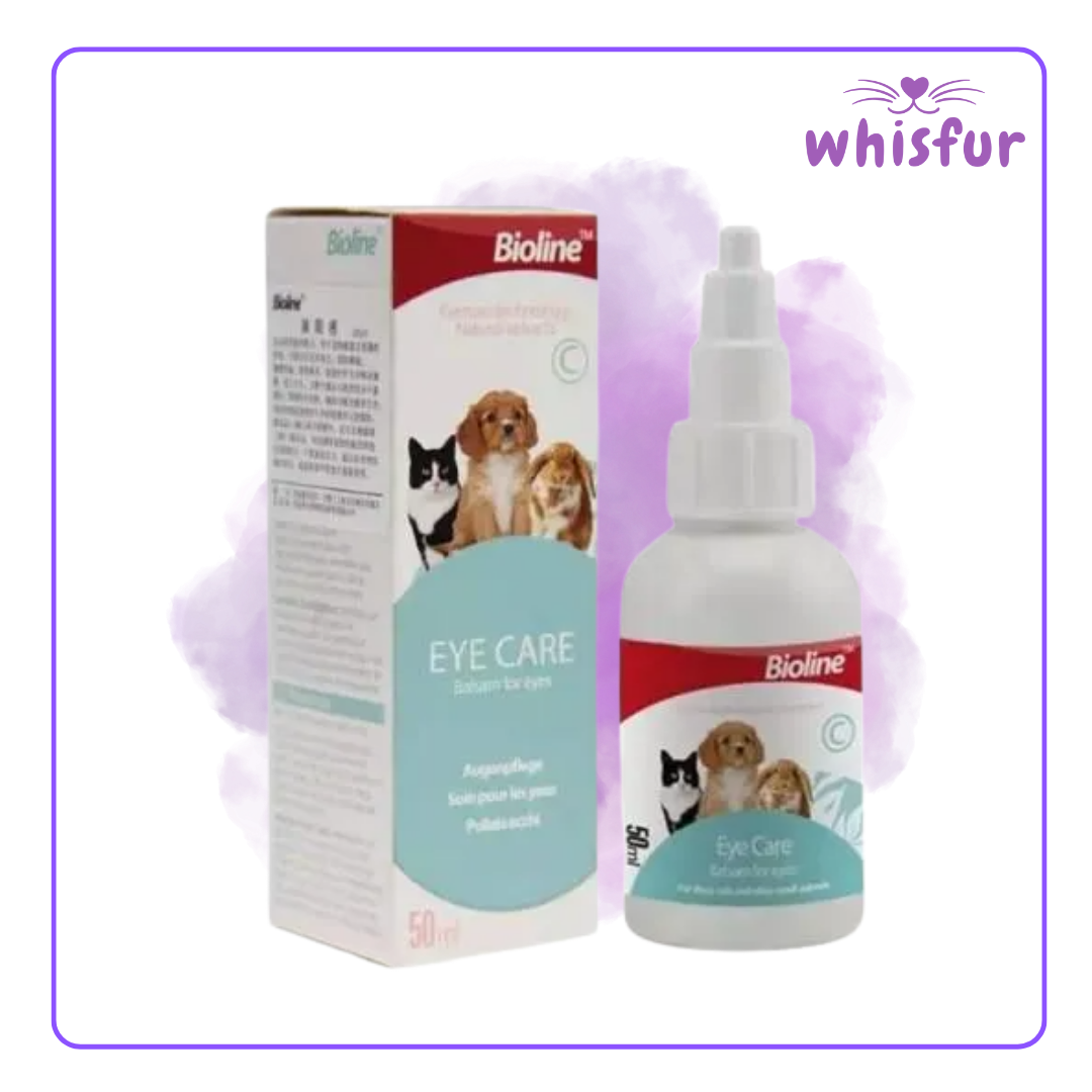 An Image of Bioline Eye Care Balsam For Eye Cleaning 1 Bottle 50Ml Big with the logo of Whisfur Pet Supplies at the upper right corner.
