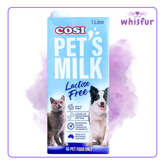 An Image of Cosi Lactose Free Pet'S Milk 1 Tetra 1L 1Liter with the logo of Whisfur Pet Supplies at the upper right corner.