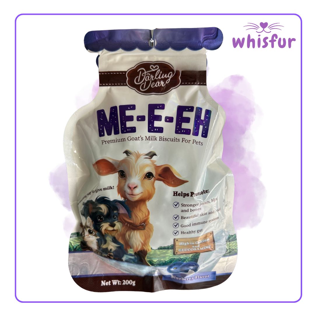 An Image of Darling Dear Premium Goat's Milk Biscuit for Cats and Dogs (pouch)200g blueberry with the logo of Whisfur Pet Supplies at the upper right corner.