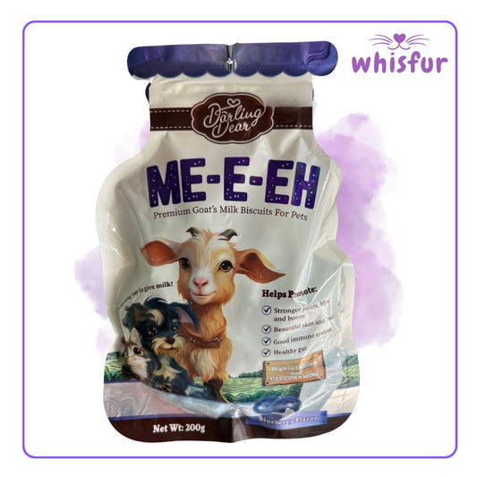 An Image of Darling Dear Premium Goat's Milk Biscuit for Cats and Dogs (pouch)200g blueberry with the logo of Whisfur Pet Supplies at the upper right corner.