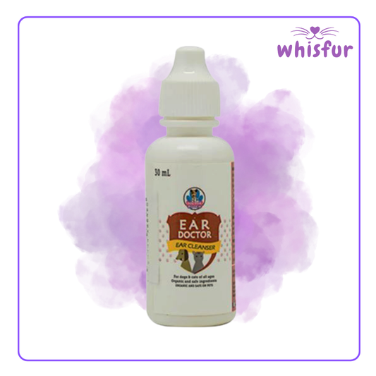 An Image of Doctor Pooch Ear Doctor Ear Cleanser For Cats And Dogs 1 Bottle 30Ml Ear Cleanser with the logo of Whisfur Pet Supplies at the upper right corner.
