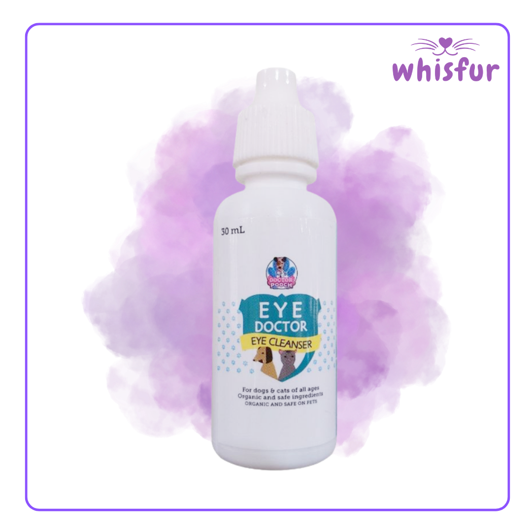 An Image of Doctor Pooch Eye Doctor Eye Cleanser For Cats And Dogs 1 Bottle 30Ml Eye Cleanser with the logo of Whisfur Pet Supplies at the upper right corner.