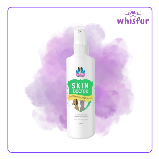 An Image of Doctor Pooch Skin Doctor Antiseptic Wound Spray For Dogs And Cats Of All Ages 1 Bottle 120Ml Wound Spray with the logo of Whisfur Pet Supplies at the upper right corner.