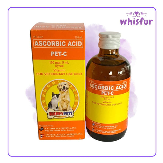 An Image of Happy Pets Pet C Vitamin C Ascorbic Acid for Cats and Dogs (bottle)120ml small with the logo of Whisfur Pet Supplies at the upper right corner.