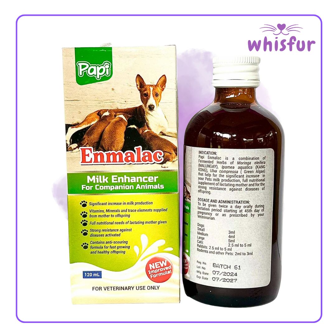 An Image of Papi Enmalac Milk Enhancer for Cats and Dogs (bottle)120ml small with the logo of Whisfur Pet Supplies at the upper right corner.