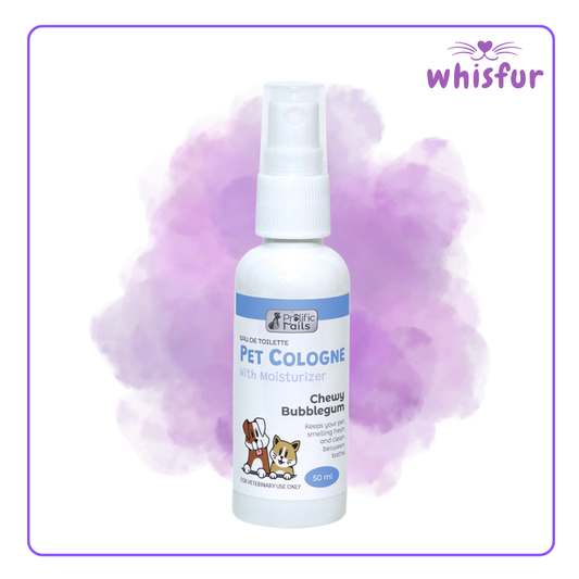 An Image of Prolific Tails Pet Cologne 1 Bottle 50Ml Bubblegum with the logo of Whisfur Pet Supplies at the upper right corner.