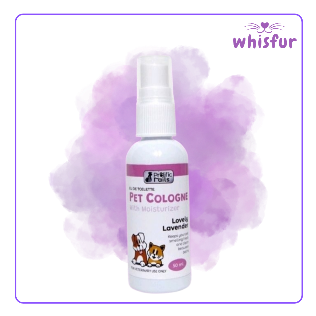 An Image of Prolific Tails Pet Cologne 1 Bottle 50Ml Lavender with the logo of Whisfur Pet Supplies at the upper right corner.