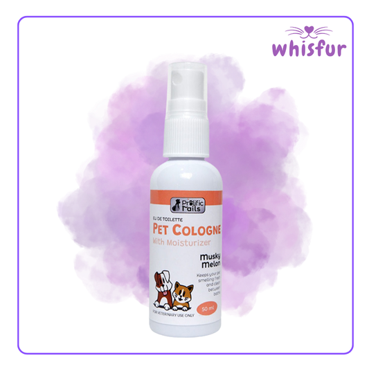 An Image of Prolific Tails Pet Cologne 1 Bottle 50Ml Melon with the logo of Whisfur Pet Supplies at the upper right corner.