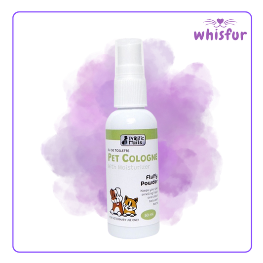 An Image of Prolific Tails Pet Cologne 1 Bottle 50Ml Powder with the logo of Whisfur Pet Supplies at the upper right corner.