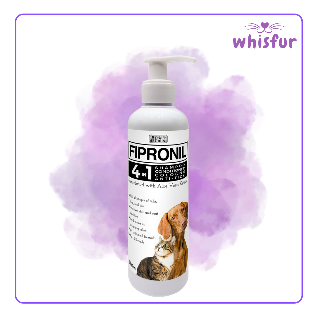 An Image of Prolific Tails Fipronil 4 In 1 Anti Tick Shampoo With Cologne And Conditioner 1 Bottle 250Ml Small with the logo of Whisfur Pet Supplies at the upper right corner.