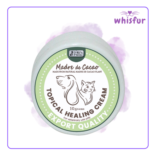 An Image of Prolific Tails Madre De Cacao Topical Healing Cream 1 Tub 10G Cream with the logo of Whisfur Pet Supplies at the upper right corner.
