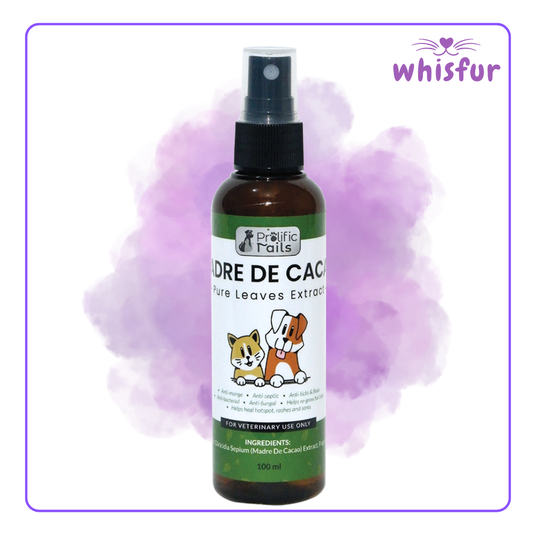 An Image of Prolific Tails Madre De Cacao Pure Leaves Extract 1 Bottle 100Ml Spray with the logo of Whisfur Pet Supplies at the upper right corner.