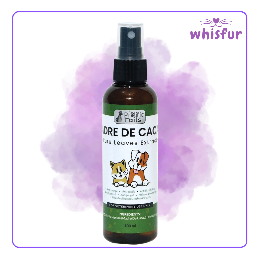 An Image of Prolific Tails Madre De Cacao Pure Leaves Extract 1 Bottle 100Ml Spray with the logo of Whisfur Pet Supplies at the upper right corner.