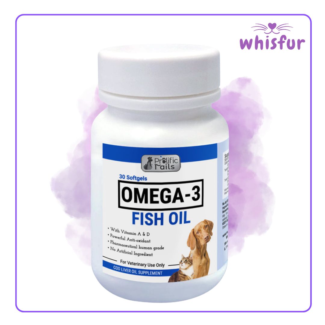 An Image of Prolific Tails Omega 3 Fish Oil for Cats and Dogs (bottle)30softgels small with the logo of Whisfur Pet Supplies at the upper right corner.