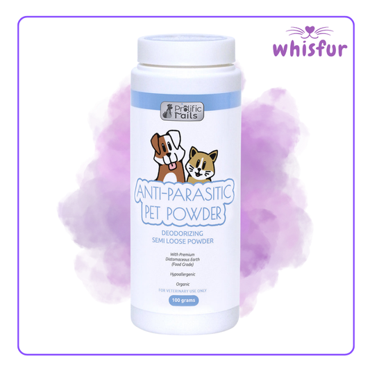 An Image of Prolific Tails Anti Parasitic Pet Powder And Deodorizer 1 Bottle 100G Anti Parasitic with the logo of Whisfur Pet Supplies at the upper right corner.